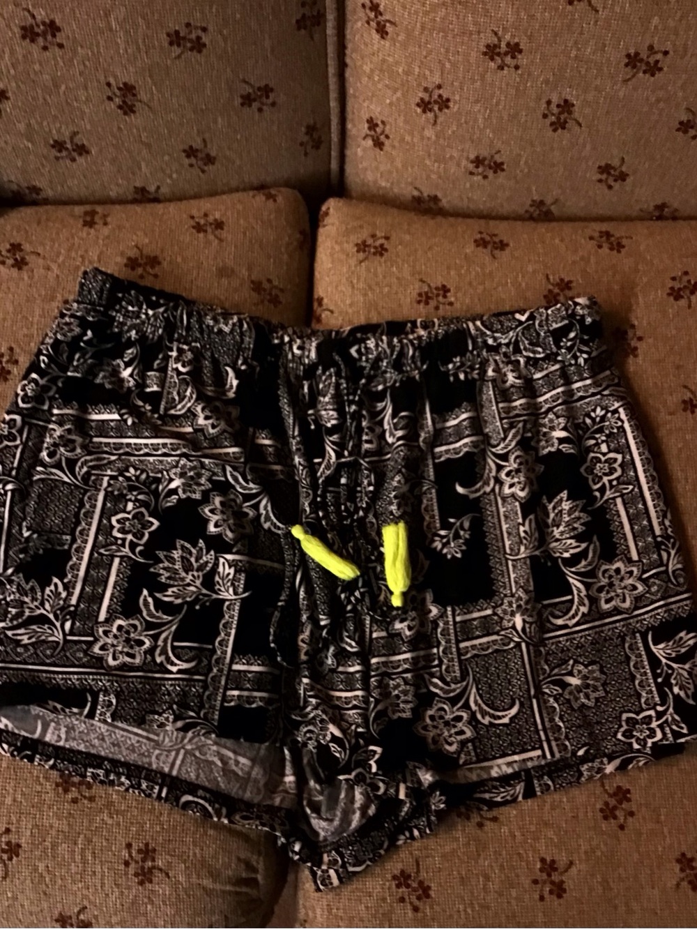 Black and White Patterned Women’s Drawstring Shorts with Neon Accent